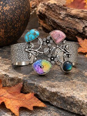 925 Sterling Silver Turquoise Druzy Rhodonite Multi Stone Cuff Bracelet 2.6"